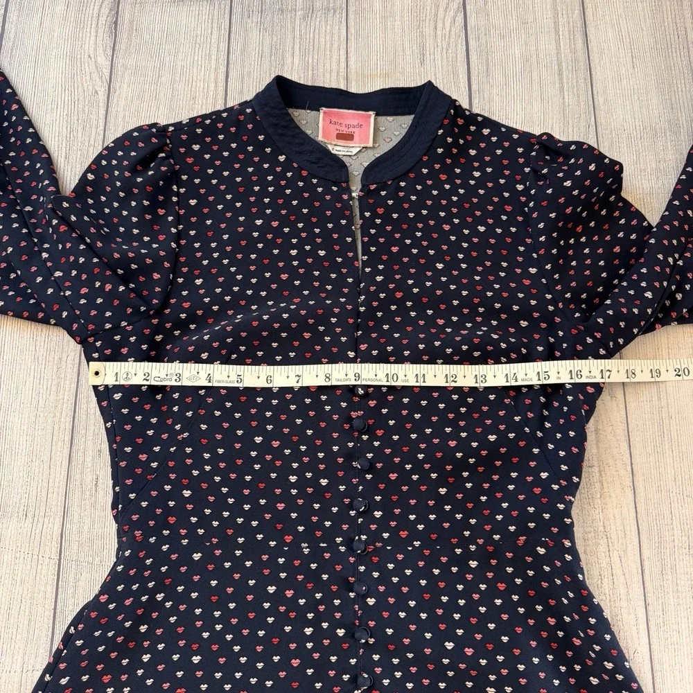 Kate Spade New York Navy Blue Lips Print Crepe Swing Dress Long Sleeve Size 6